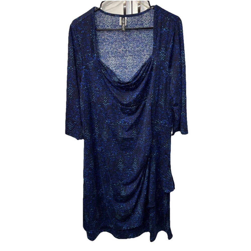 Marcelle Margaux Women Dress Black Blue Speckle 3X Stretch 3/4 Sleeve Faux Wrap